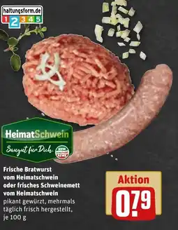 REWE DE Frische Bratwurst vom Heimatschwein oder frisches Schweinemett vom Heimatschwein tilbud