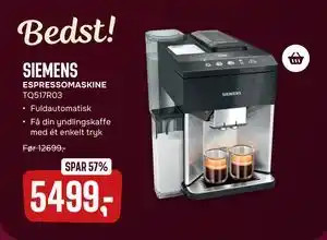 SIEMENS ESPRESSOMASKINE. TQ517R03, DKK 5499