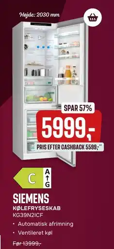 Skousen KØLEFRYSESKAB KG39N2ICF, DKK 5999 tilbud