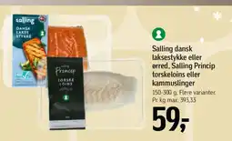 Føtex Salling dansk laksestykke eller ørred, Salling Princip torskeloins eller kammuslinger tilbud