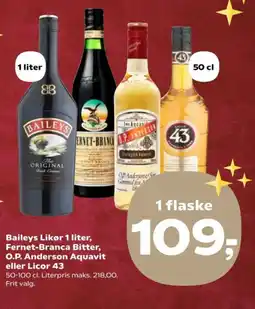 Kvickly Baileys Likør 1 liter, Fernet-Branca Bitter, O.P. Anderson Aquavit eller Licor 43 tilbud