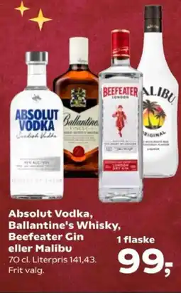 Kvickly Absolut Vodka, Ballantine's Whisky, Beefeater Gin eller Malibu tilbud