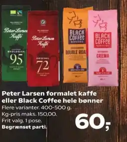 Kvickly Peter Larsen formalet kaffe eller Black Coffee hele bønner tilbud