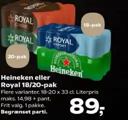 Kvickly Heineken eller Royal 18/20-pak tilbud