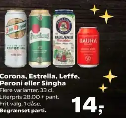 Kvickly Corona, Estrella, Leffe, Peroni eller Singha tilbud