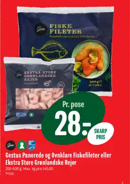 Min Købmand Gestus Panerede og Ovnklare Fiskefileter eller Ekstra Store Grønlandske Rejer tilbud