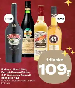 SuperBrugsen Baileys Likør 1 liter, Fernet-Branca Bitter, O.P. Anderson Aquavit eller Licor 43 tilbud