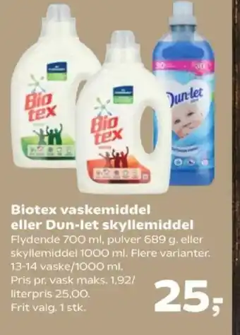 SuperBrugsen Biotex vaskemiddel eller Dun-let skyllemiddel tilbud