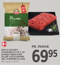 MENY Hakket oksekød 14-18 % af dansk kødkvæg eller 1,8 kg dansk hel kæmpekylling tilbud