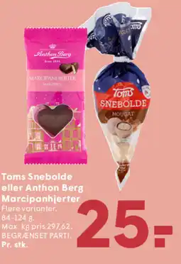 SPAR Toms Snebolde eller Anthon Berg Marcipanhjerter tilbud