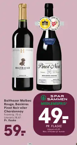 SPAR Balthazar Malbec Rouge, Beniéres Pinot Noir eller Chardonnay tilbud