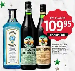 MENY FERNET-BRANCA, BRANCA MENTA ELLER BOMBAY SAPPHIRE LONDON DRY GIN tilbud