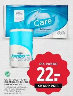 MENY CARE TOILETPAPIR ELLER DAILY JUMBO KØKKENRULLE tilbud