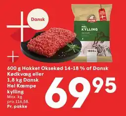 SPAR 600 g Hakket Oksekød 14-18 % af Dansk Kødkvæg eller 1,8 kg Dansk Hel Kæmpe kylling tilbud