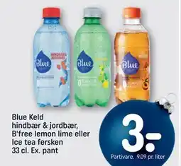 REMA 1000 Blue Keld hindbær & jordbær, B'free lemon lime eller Ice tea fersken 33 cl. Ex. pant tilbud