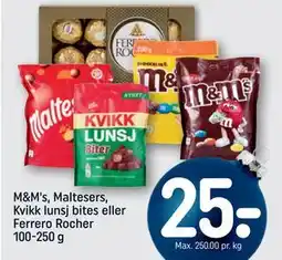 REMA 1000 M&M's, Maltesers, Kvikk lunsj bites eller Ferrero Rocher 100-250 g tilbud