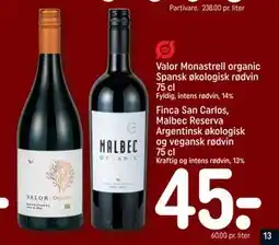 REMA 1000 Finca San Carlos, Malbec Reserva Argentinsk økologisk og vegansk rødvin 75 cl tilbud