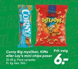 Bilka Corny Big myslibar, KiMs eller Lay’s mini chips poser tilbud