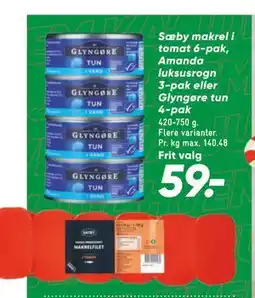 Bilka Sæby makrel i tomat 6-pak, Amanda luksusrogn 3-pak eller Glyngøre tun 4-pak tilbud