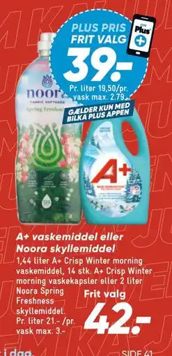 Bilka A+ vaskemiddel eller Noora skyllemiddel tilbud