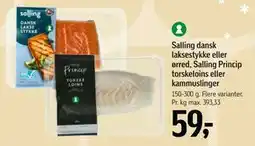 Føtex Salling dansk laksestykke eller ørred, Salling Princip torskeloins eller kammuslinger tilbud