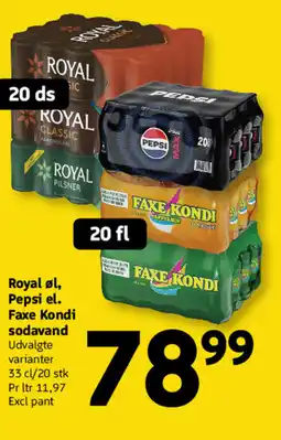 Løvbjerg Royal øl, Pepsi el. Faxe Kondi sodavand tilbud