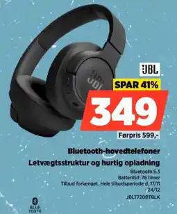 Power JBL Bluetooth-hovedtelefoner Letvægtsstruktur og hurtig opladning tilbud