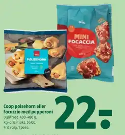 Coop 365 Coop pølsehorn eller focaccia med pepperoni tilbud