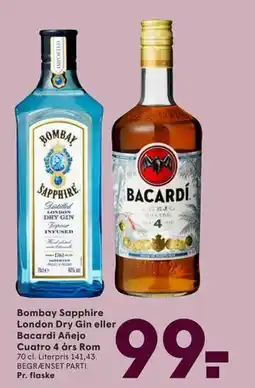 SPAR Bombay Sapphire London Dry Gin eller Bacardi Añejo Cuatro 4 års Rom tilbud