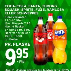 MENY COCA-COLA, FANTA, TUBORG SQUASH, SPRITE, FUZE,. RAMLÖSA ELLER SCHWEPPES tilbud