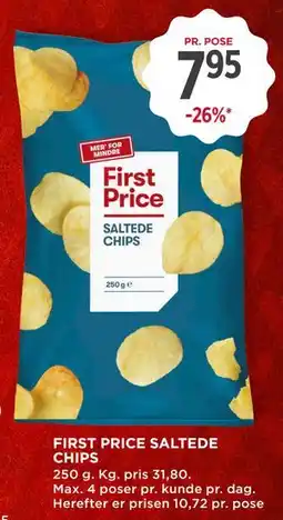 MENY FIRST PRICE SALTEDE CHIPS tilbud