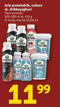 Løvbjerg Arla proteindrik, cultura el. drikkeyoghurt Danonino el. Actimel 300-400 g | Pr kg max 39,97 tilbud