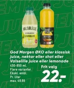 Bilka God Morgen ØKO eller klassisk juice, nektar eller shot eller Valsølille juice eller lemonade tilbud