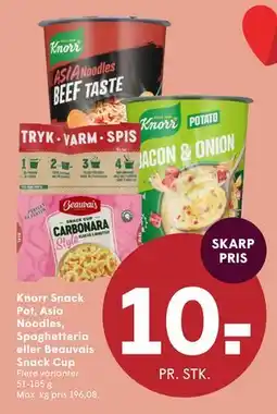 SPAR Knorr Snack Pot, Asia Noodles, Spaghetteria eller Beauvais Snack Cup tilbud