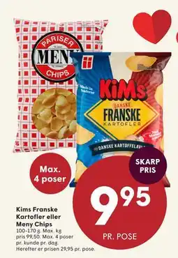 SPAR Kims Franske Kartofler eller Meny Chips tilbud