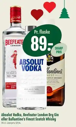 Min Købmand Absolut Vodka, Beefeater London Dry Gin eller Ballantine’s Finest Scotch Whisky tilbud