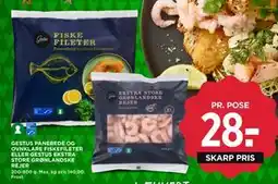 MENY GESTUS PANEREDE OG OVNKLARE FISKEFILETER ELLER GESTUS EKSTRA STORE GRØNLANDSKE REJER tilbud
