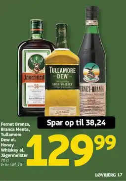 Løvbjerg Fernet Branca, Branca Menta, Tullamore Dew el. Honey Whiskey el. Jagermeister tilbud