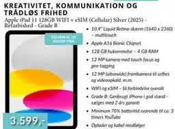 CBC Apple iPad 11 128GB WIFI + eSIM (Cellular) Silver (2025) Refurbished - Grade B tilbud