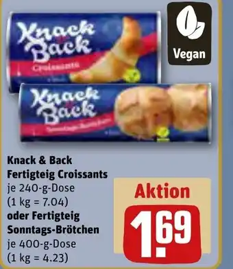 REWE DE Knack & Back Fertigteig Croissants , oder Fertigteig Sonntags-Brötchen tilbud