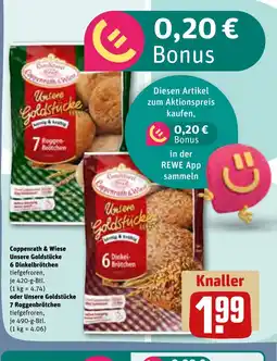 REWE DE Coppenrath & Wiese Unsere Goldstücke 6 Dinkelbrötchen , oder Unsere Goldstücke 7 Roggenbrötchen tiefgefroren, tilbud
