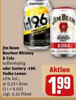 REWE DE Jim Beam Bourbon Whiskey & Cola , oder Suntory -196 Vodka Lemon tilbud