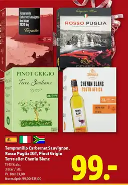 Lidl Tempranillo Carbernet Sauvignon, Rosso Puglia IGT, Pinot Grigio Terre eller Chenin Blanc tilbud