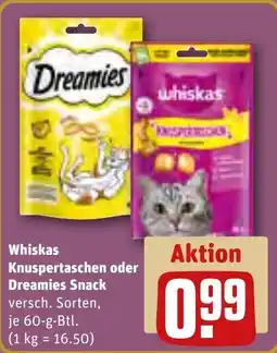 REWE DE Whiskas Knuspertaschen oder Dreamies Snack tilbud