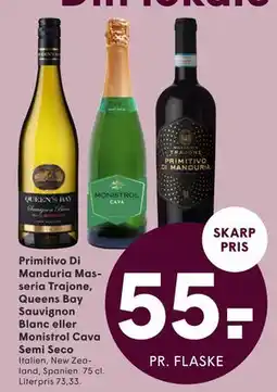 SPAR Primitivo Di Manduria Masseria Trajone, Queens Bay Sauvignon Blanc eller Monistrol Cava Semi Seco tilbud