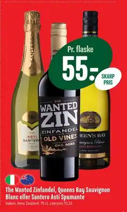 Min Købmand The Wanted Zinfandel, Queens Bay Sauvignon Blanc eller Santero Asti Spumante tilbud