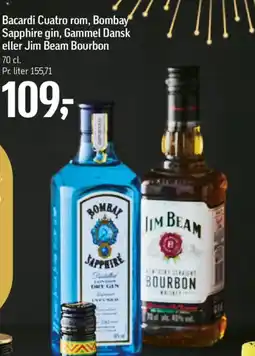 Føtex Bacardi Cuatro rom, Bombay Sapphire gin, Gammel Dansk eller Jim Beam Bourbon tilbud