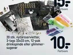 REMA 1000 20 stk. nytårsservietter, 3-lags 33x33 cm, 12-pak drinkspinde eller glimmersugerør tilbud