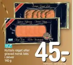 REMA 1000 Hyttels røget eller gravad norsk laks i skiver 140 g tilbud