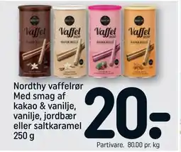 REMA 1000 Nordthy vaffelrør Med smag af kakao & vanilje, vanilje, jordbær eller saltkaramel 250 g tilbud
